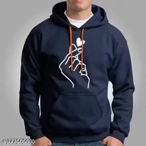 Korean Heart Printed Fleece Hoodie for Men, Navy Blue (M)