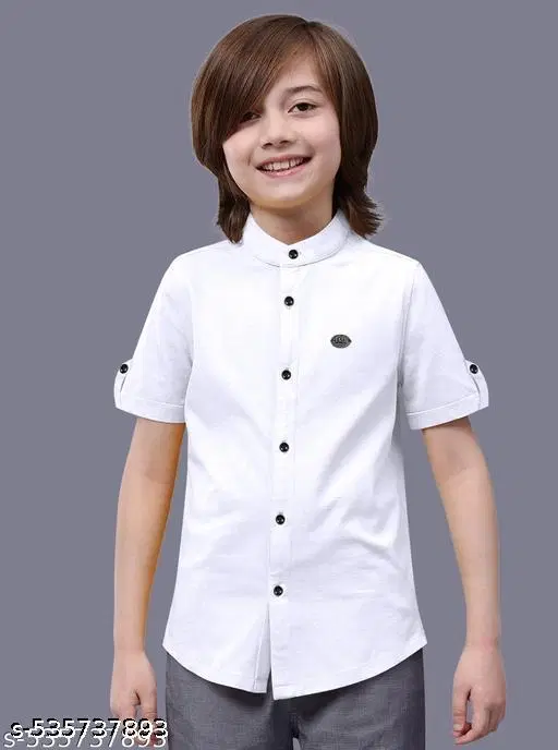 Solid Cotton Blend Mandarin Collar Short Sleeve Shirt for Boys (White, 12-13 Years)