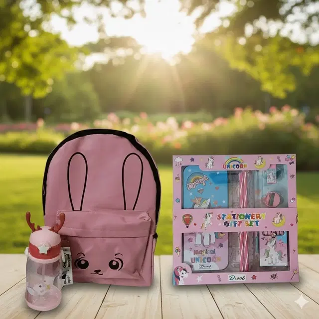 Polyester Backpack, Water Bottle, Stationery Kit for Kids, Multicolour, Set of 1