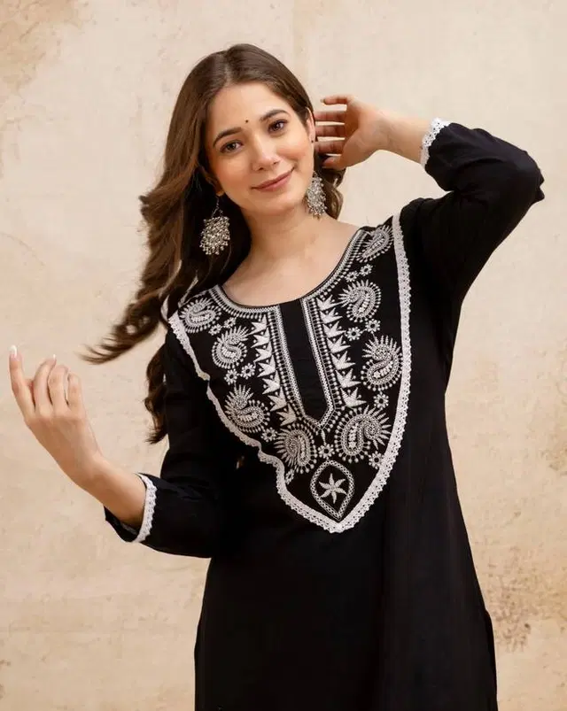 Viscose Rayon Embroidered Kurti for Women, Black (XXL)