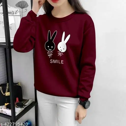 Cotton Blend Printed Sweatshirt for Women (Maroon, XS)