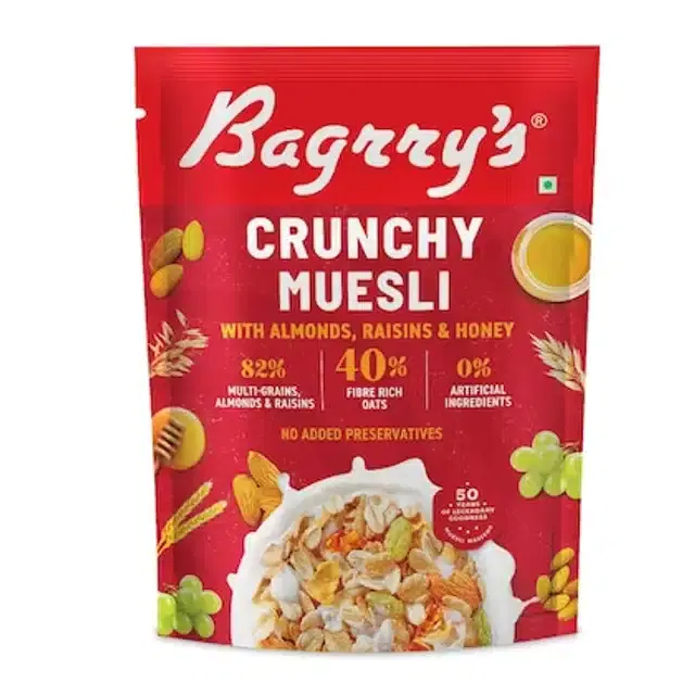 Bagrry's Crunchy Muesli with Almonds, Raisins & Honey 40% Fibre Rich Oats 425 g