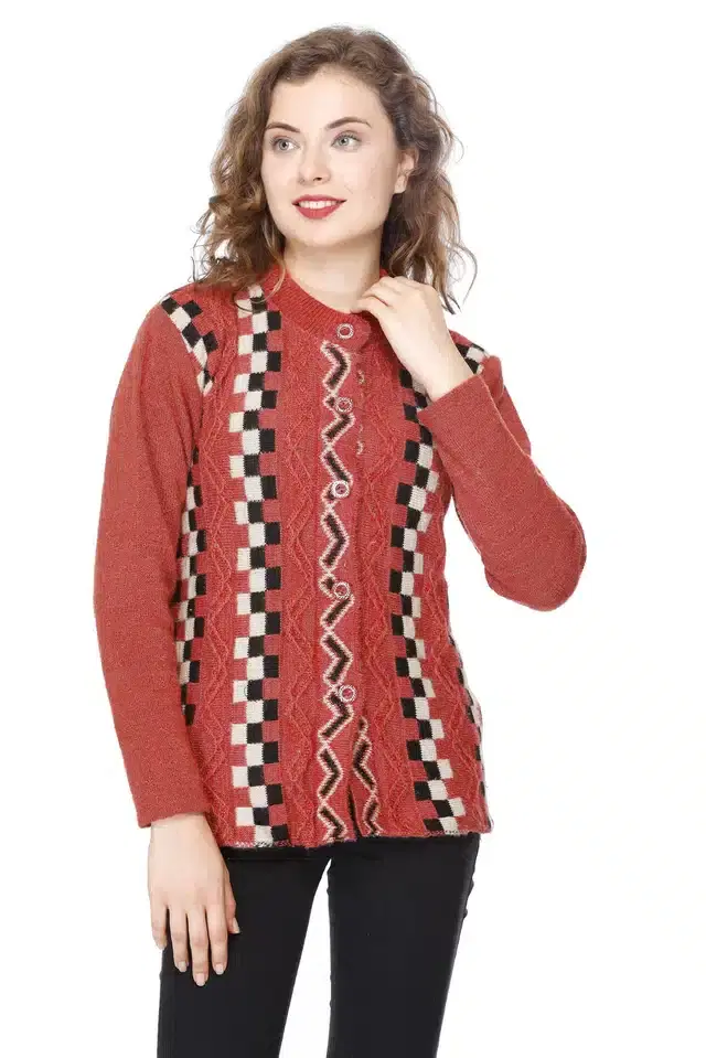 Woolen Jacquard Cardigan for Women (Red, Free Size)