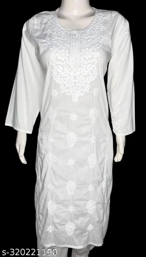 Cotton Chikankari Short Kurti for Women, White (L)