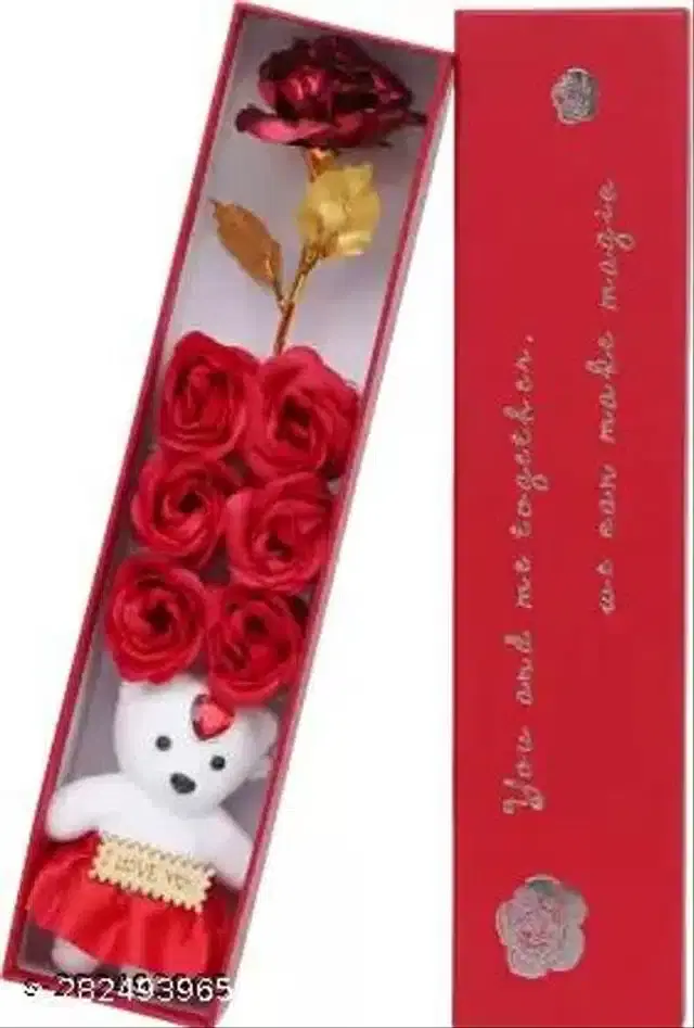 Metal Scented Rose Flower with Teddy Bear Gift, Red