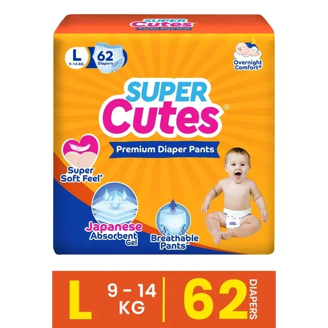 Super Cutes Premium Diaper, 62 Diapers (L)
