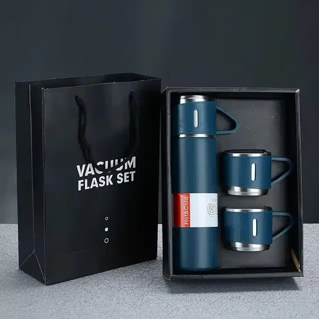Vacuum Insulated Flask Set with 3 Cups, Blue, 500 ml, Set of 1