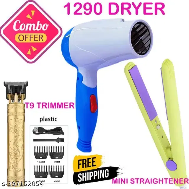 Combo of Hair Straightener with Dryer and Trimmer for Men & Women, Multicolor, Set of 3