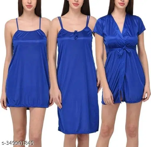 Satin Solid Babydoll for Women, Blue (XL)