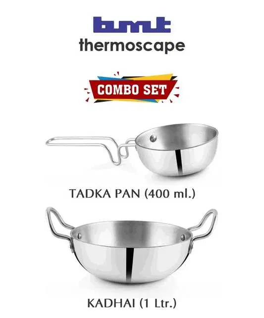 BMT Aluminium Kadhai & Tadka Pan Combo, Set Of 2, Silver, H7