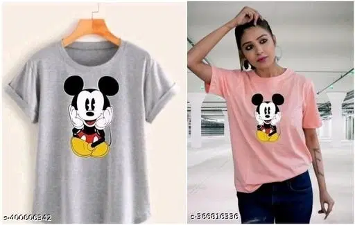 Cotton Printed T-Shirt for Women, Pink & Grey, Pack of 2 (S)