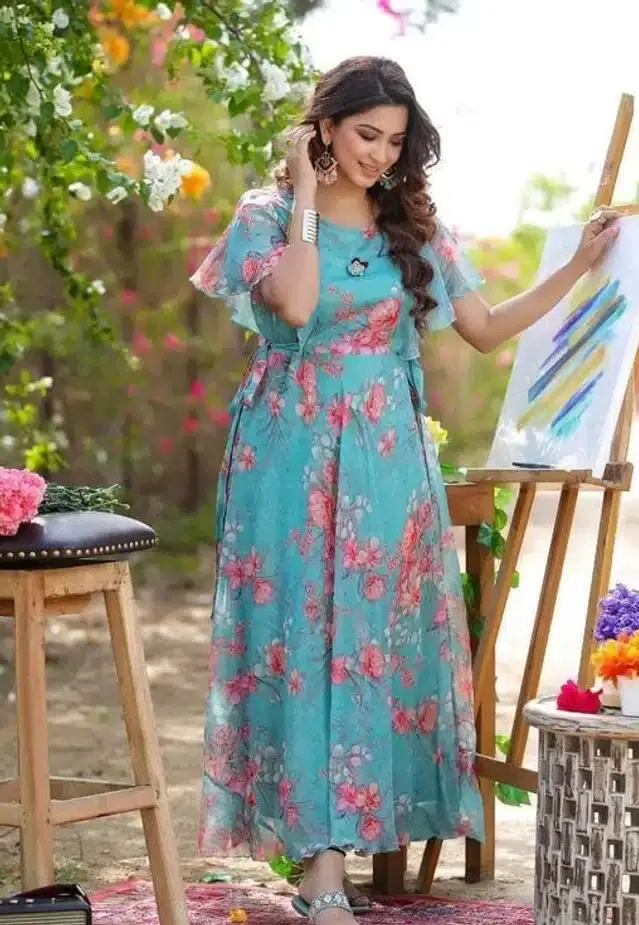 Women's Floral Printed Anarkali Flared Gown (Light Blue, M)