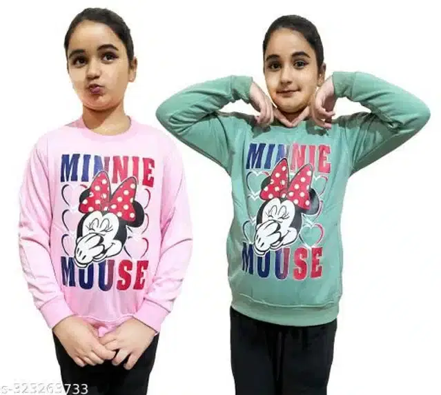 Fleece Printed Full Sleeves Round Neck Sweatshirts for Girls, Pack of 2 (Light Pink & Mint Green, 3-4 Years)