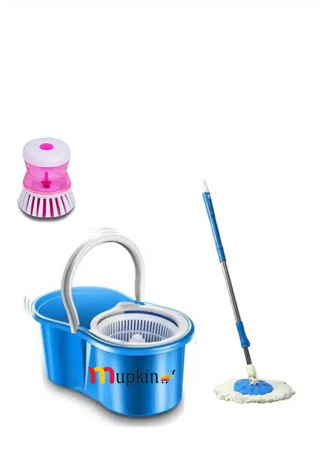 PVC Magic Spin Bucket Mop with Soap Dispenser Brush Set, Blue, Set of 2