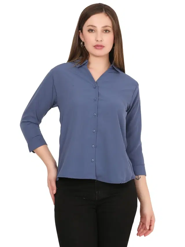 Three-Quarter Sleeves Solid Shirt for Women (Blue, S)