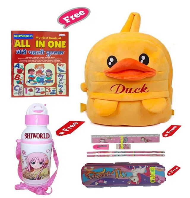 Combo of Kids Cartoon Bag Backpack, All In One Book, Water Bottle & Gift Set Geometry Set, Multicolor, Set of 1
