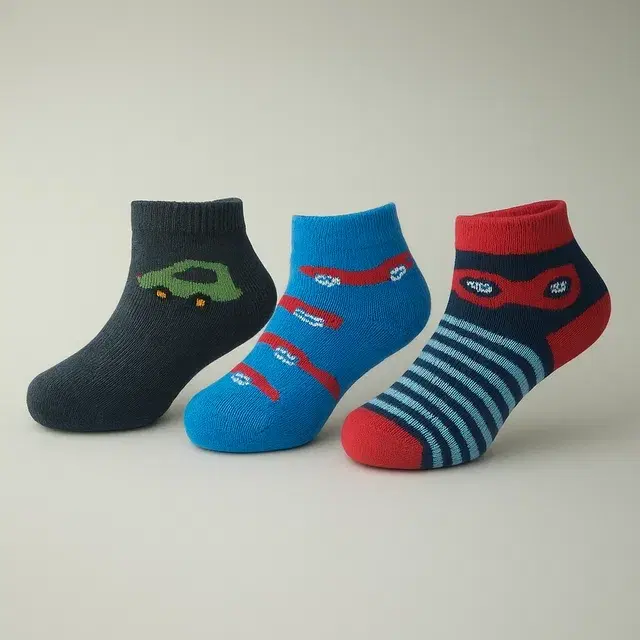 Cotton Spandex Ankle Length Socks for Kids K-HTA-118, Pack of 3, Multicolor