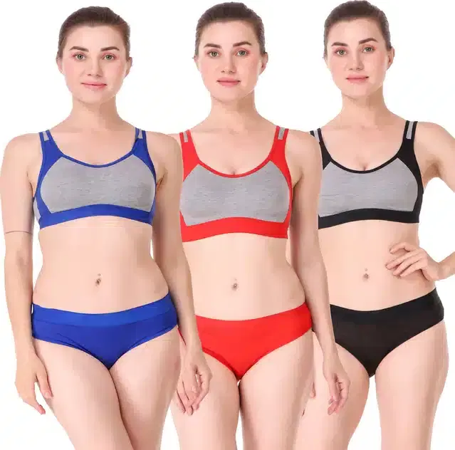 Cotton Blend Lingerie Set for Women, Set of 3 (Multicolor, 36)