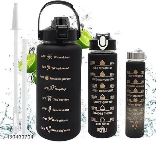 Plastic Leakproof Motivational Time Marker Water Bottles with Straw, Black, Set of 3