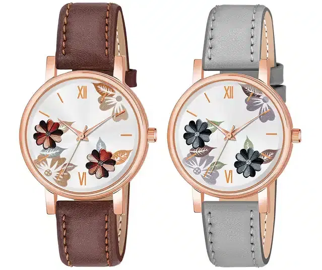 Designer Leather Analog Watch for Women & Girls, Pack of 2 (Brown & Grey)