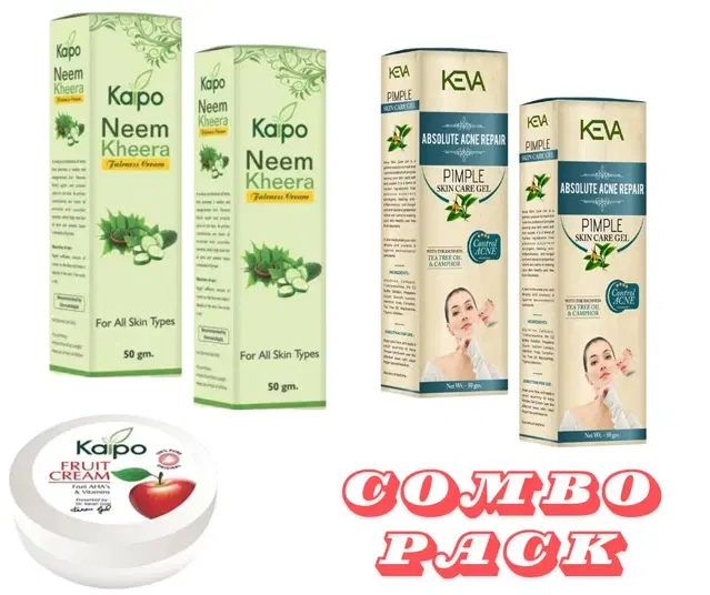 Combo of 2 Keva Pimple Skin Care Acne Care Gel, 50 g with 2 Kaipo Neem Kheera Fairness Cream, 50 g & Kaipo Fruit Cream, 15 g, Set of 3