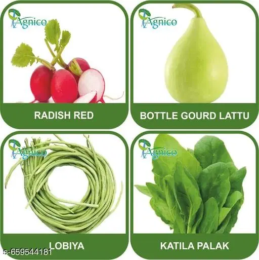 4 Vegetable Seeds Combo With Instruction Manual(Radish Red/Bottle Gourd Lattu/Lobiya/Katila Palak)