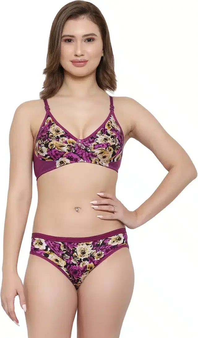 Cotton Blend Lingerie Set for Women (Purple, 34)