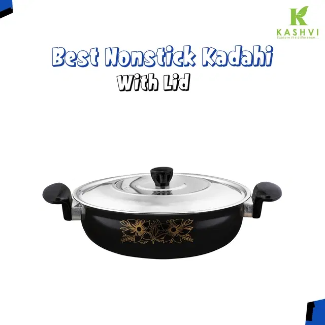Cast Iron Kadai with Lid, Black & Silver, 28 cm