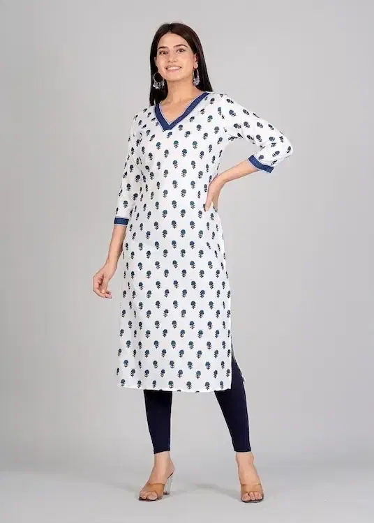 Women Trending Rayon Printed V-Neck Kurta, White (XXL)