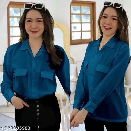 Full Sleeves Solid Shirts for Women (Blue, XL)