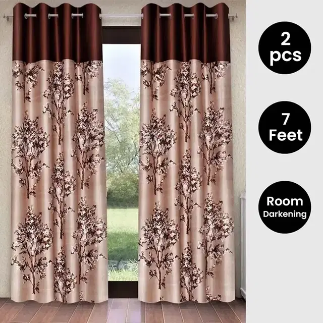 Floral Pannel Printed Door Brown Room Darkening Curtain 7ft Combo (Pack of 2)