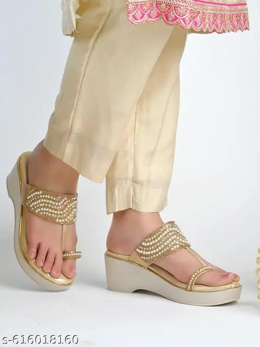 Shoetopia Golden Embellished Wedge Sandals (Size IND-7)