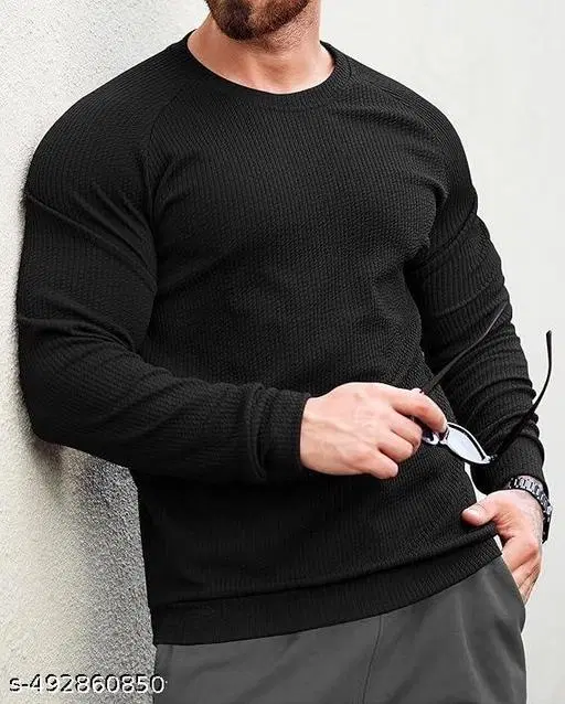 Poly Cotton Round Neck T-shirt For Men, Black (M)