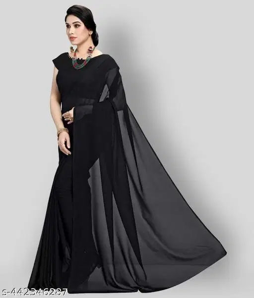 Georgette Solid Saree for Women, Black (6.3 M)