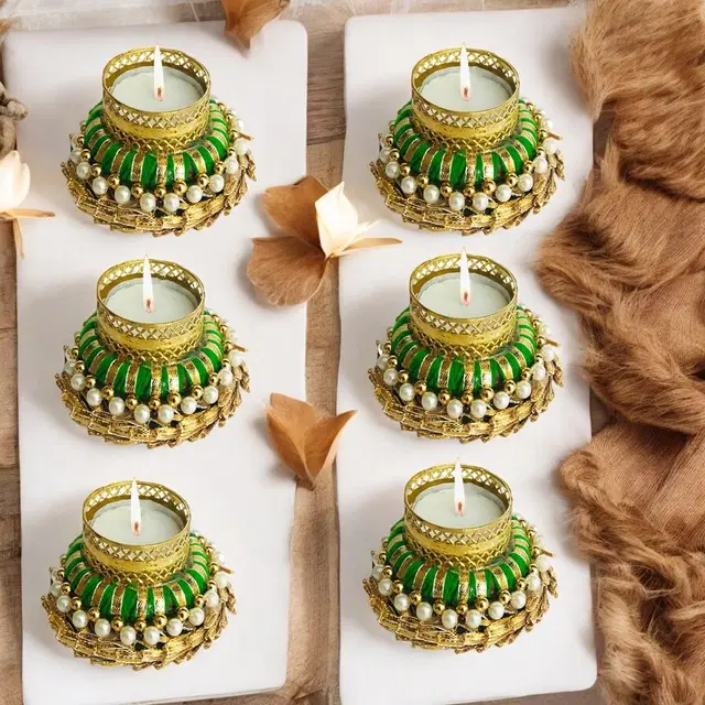 Metal Designer Tealight Candle Holder, Green, 8.5x8.5x3.5 cm, Pack of 6