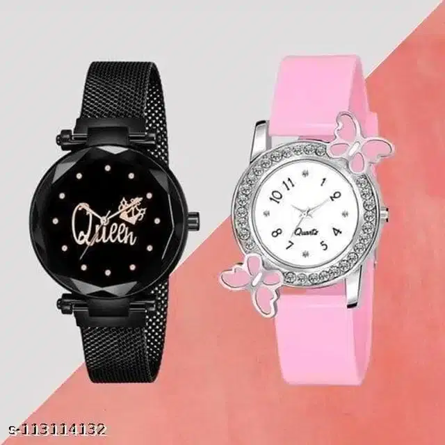 Analog Watch for Women, Set of 2 (Pink & Black)