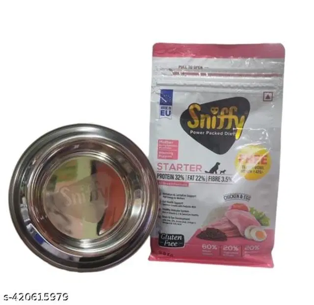 Sniffy Starter Dry Pet Food, 800 g with Free Feeding Bowl for Pregnant Mother Dogs & Weaning Puppy, Set of 2