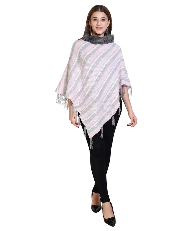 Woolen Self-Design Ponchos for Women (White & Grey, L)