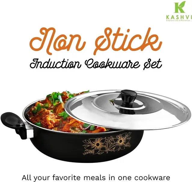 Cast Iron Kadai with Lid, Black & Silver, 28 cm