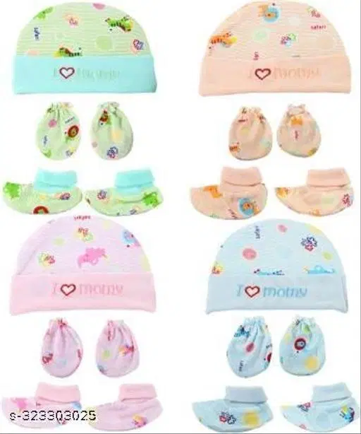Combo of Cap, Booties & Mitten for Baby, Set of 4 (Multicolor)