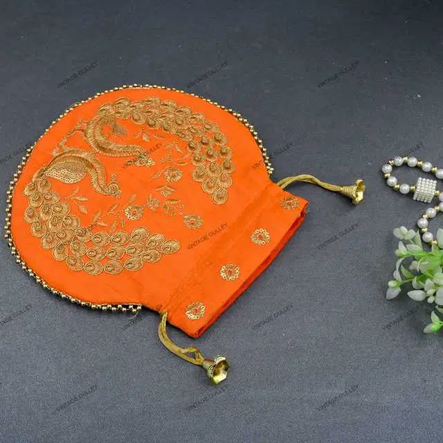 Cotton Silk Ethnic & Traditional Handheld Potli for Women, Orange, A-49