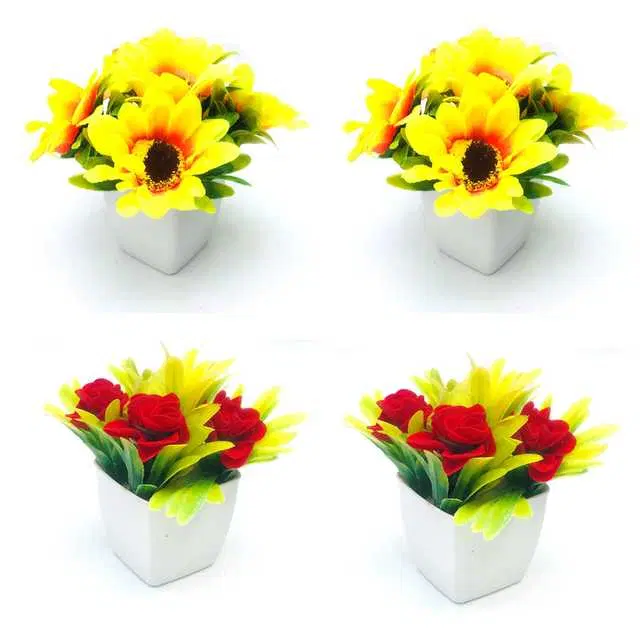 Duli Natural Looking Artificial Flower Plant Pot For Home Decoration, Multicolor, Pack Of 4, D-16