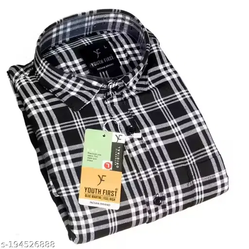 Check Printed Shirt For Men, Black & White (L)