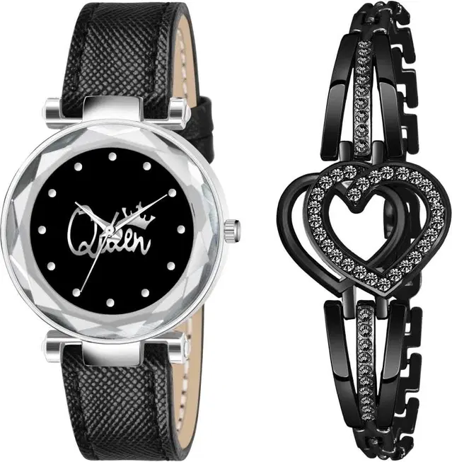 Leather Strap Analog Watch with Bracelet for Women & Girls, Set of 2 (Multicolor)