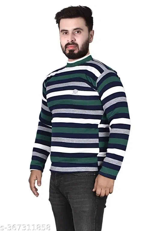 Woolen Striped Sweater for Men (Green, S)