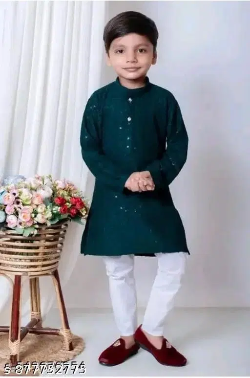Sequin-Embellished Rayon Kurta Set for Boys (White, 1-2 Years)