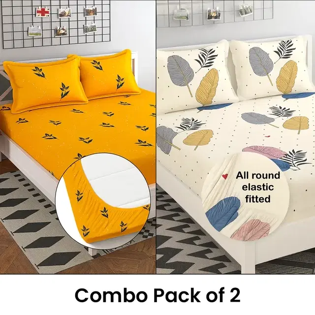 Poly Cotton Elastic Fitted Bedsheet with 2 Pillow Cover Floral Yellow & Leaf Cream Print Pack of 2
