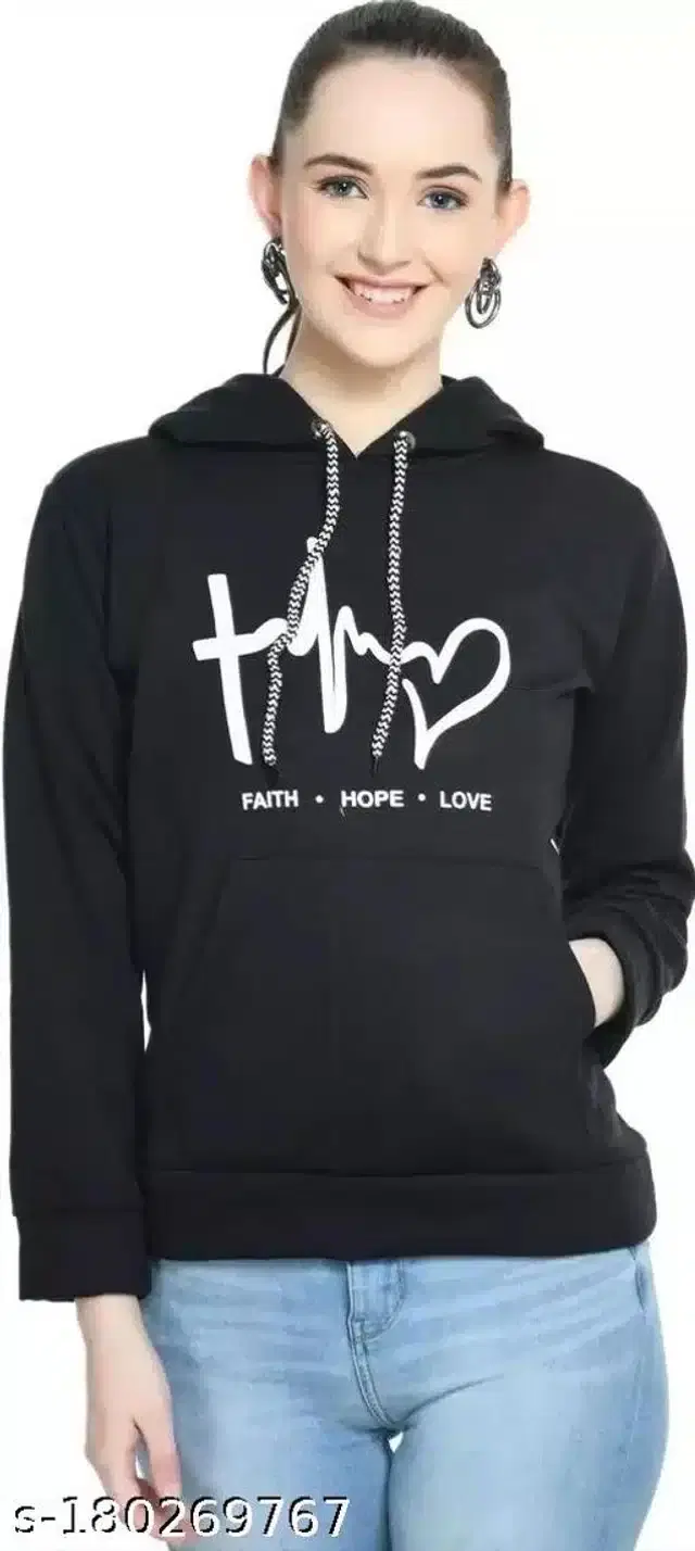 Fleece Printed Full Sleeves Hooded Sweatshirt for Women (Black, M)