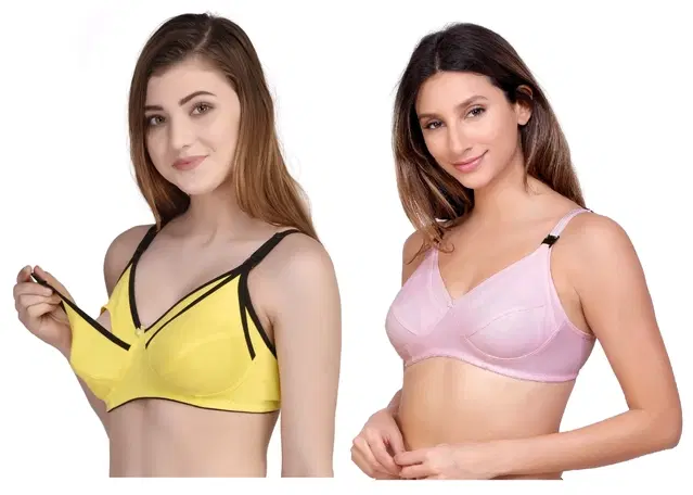 Cotton Blend Solid Non Padded Feeding Bras for Women, Pack of 2 (Multicolor, 32)