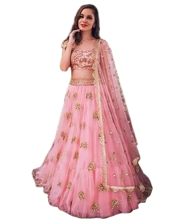 Net Embroidred Semi Stiched Lehenga Choli for Women (Pink)